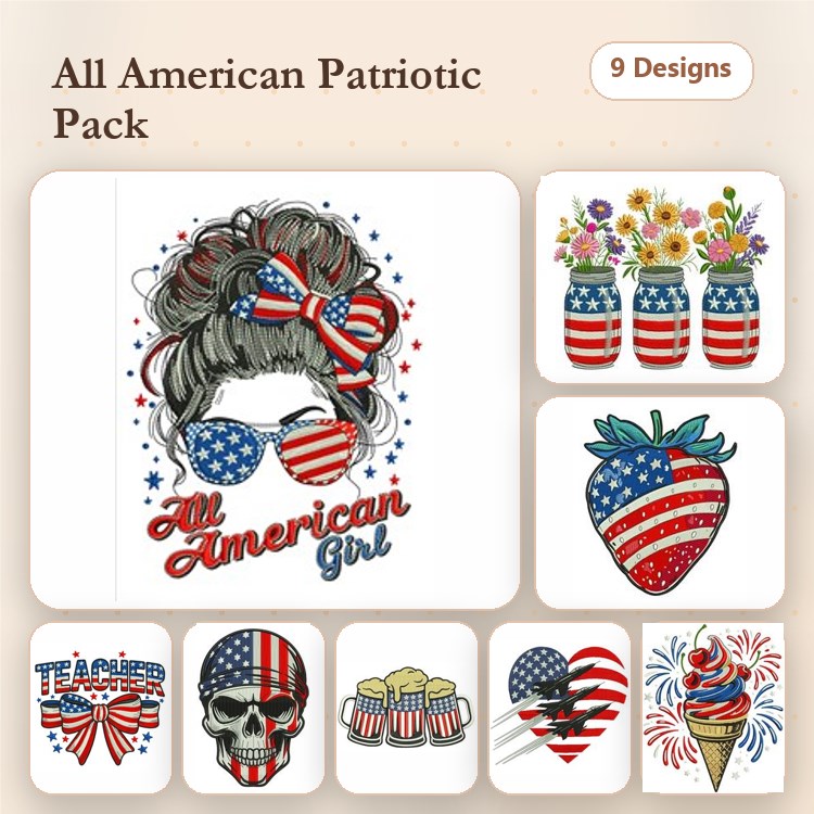Patriotic Themed Embroidery Designs Bundle – All American Girl, Patriotic Strawberry, Skull with American Flag & More (9 Designs)