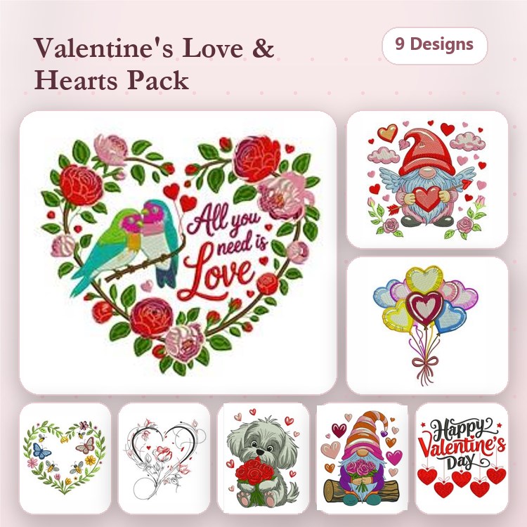 Valentine's Day Embroidery Designs Bundle – Love Birds, Valentine's Gnome, Puppy with Hearts & More (9 Designs)