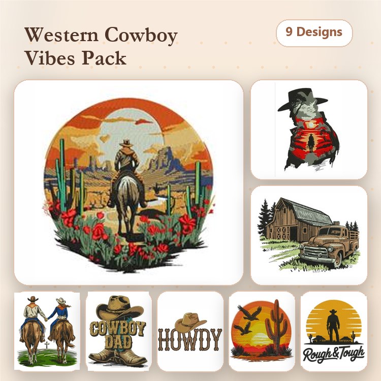 Western Cowboy Embroidery Designs Bundle – Cowboy on Horse, Desert Sunset, Western Barn & More (9 Designs)