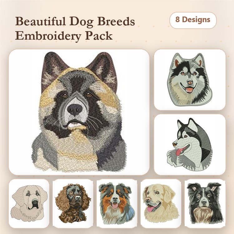 Akita & Siberian Husky Embroidery Bundle – Beautiful Dog Breeds (8 Designs)
