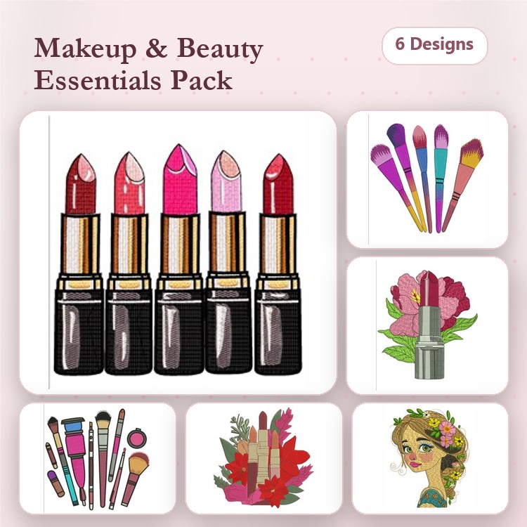 Lipstick & Makeup Essentials Embroidery Bundle – Beauty Tools (6 Designs)