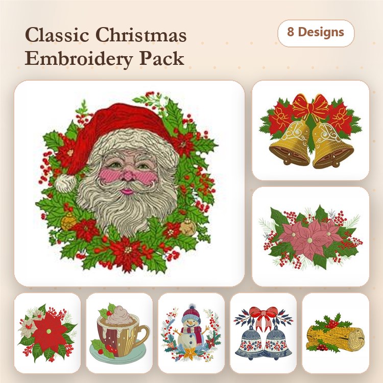 Santa Claus & Christmas Bells Embroidery Bundle – Holiday Designs (8 Designs)