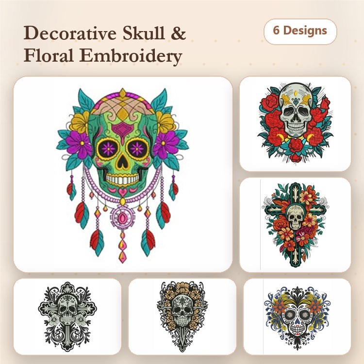 Decorative Skull & Floral Embroidery Bundle – Colorful Designs (6 Designs)