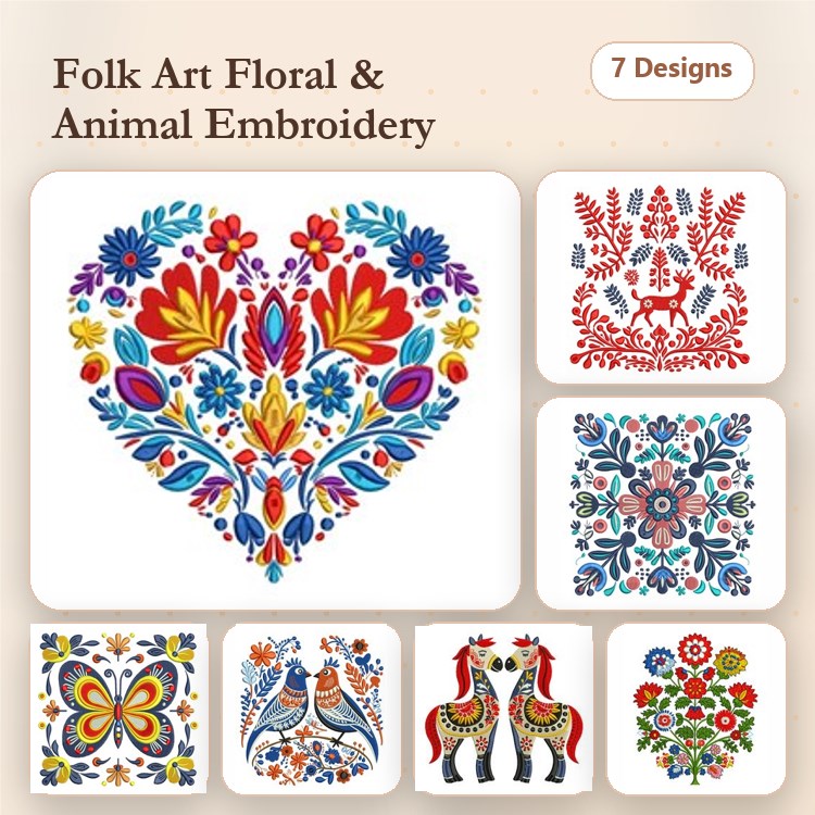 Folk Art Floral & Animal Embroidery Bundle – Colorful Heart & Nature (7 Designs)