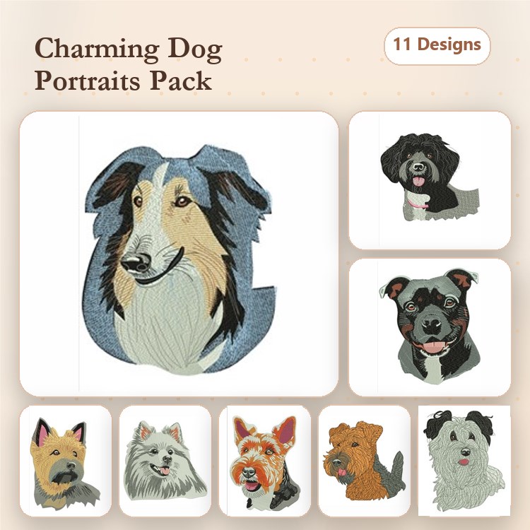 Charming Dog Portraits Embroidery Bundle – Canine Faces (11 Designs)