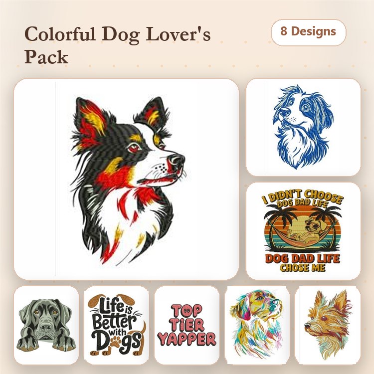Colorful Dog Lover's Embroidery Bundle – Eight Unique Dog Designs (8 Designs)