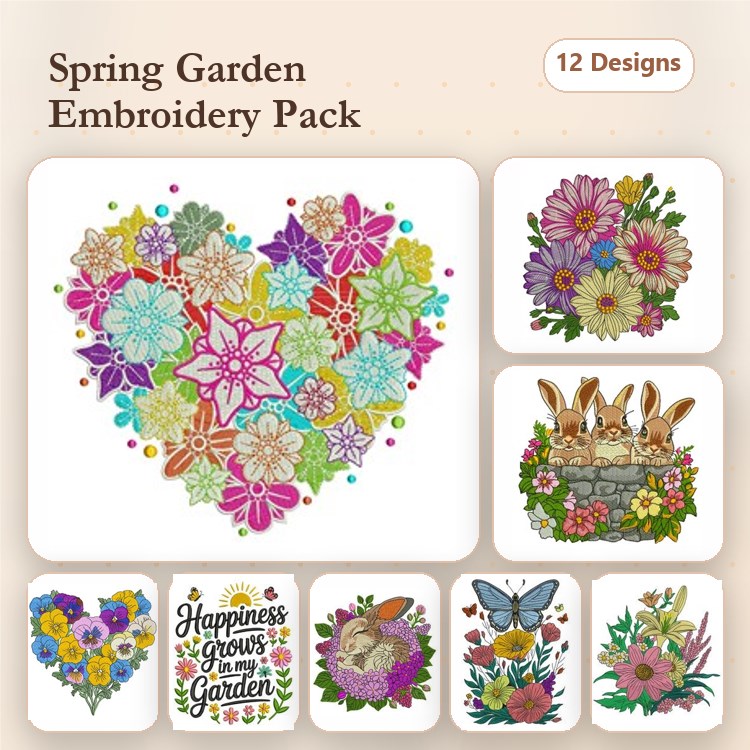 Spring Garden Embroidery Bundle – Floral & Bunny Designs (12 Designs)