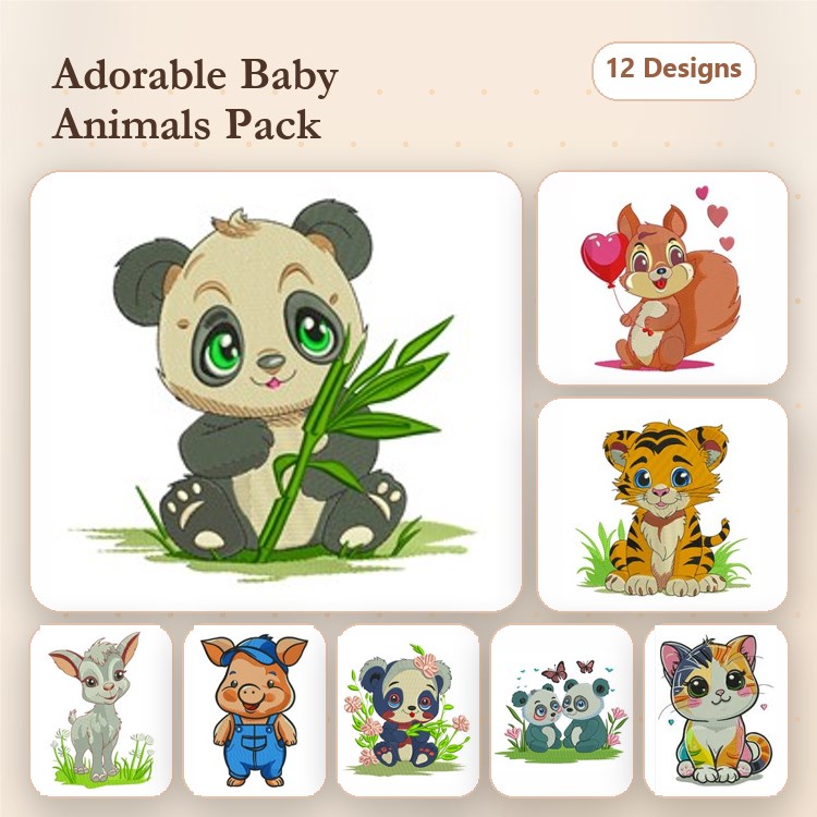 Adorable Baby Animals Embroidery Designs Bundle – Panda, Squirrel, Tiger Cub, Bunny & More (12 Designs)