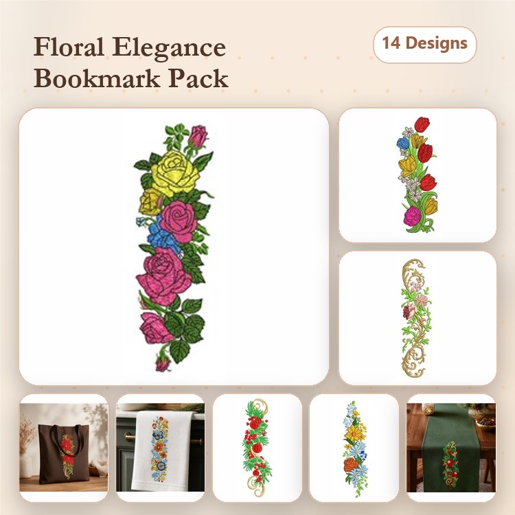 Floral Bookmark Embroidery Designs Bundle – Rose, Yellow and Pink Floral, Colorful Floral & More (14 Designs)