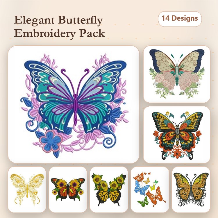 Elegant Butterflies Embroidery Designs Bundle – Colorful Butterfly with Flowers, Ornate Floral Butterfly, & More (14 Designs)
