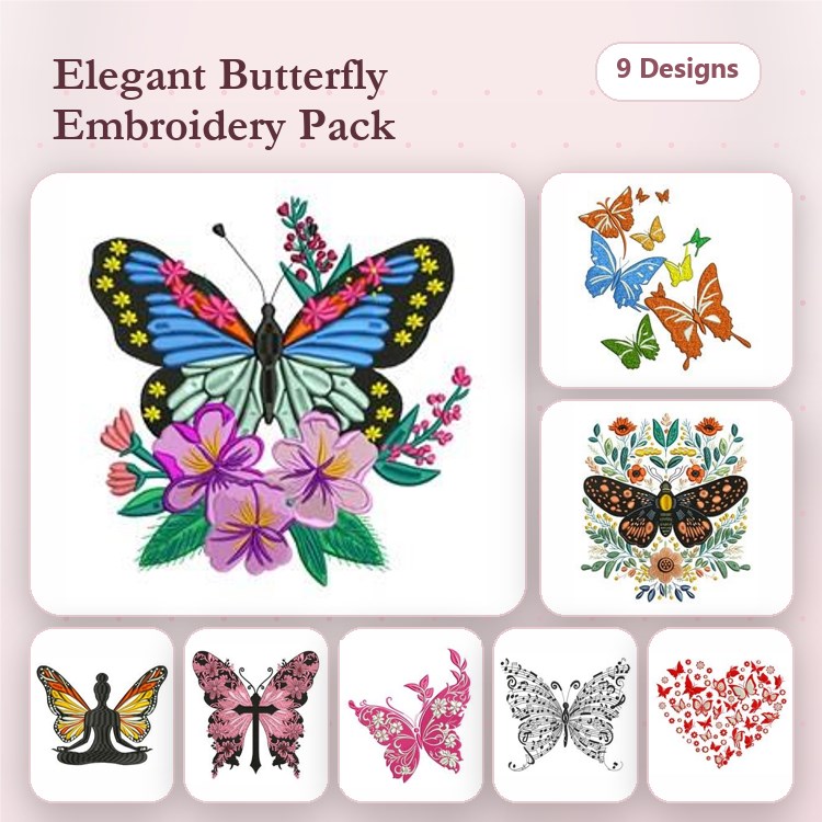Butterfly & Floral Embroidery Designs Bundle – Elegant Butterfly with Flowers, Colorful Butterfly, & More (9 Designs)