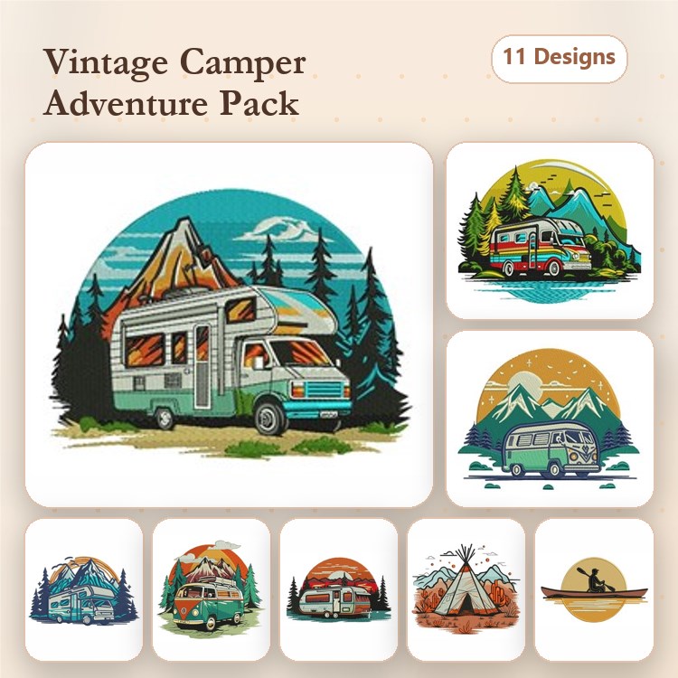 Vintage Camper Adventure Embroidery Designs Bundle – Camper with Mountains, Retro Camper Van, & More (11 Designs)
