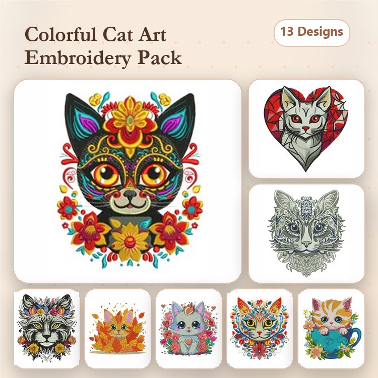 Colorful Cat Art Embroidery Designs Bundle – Floral Cat Face, Cat Heart, Geometric Cat & More (13 Designs)
