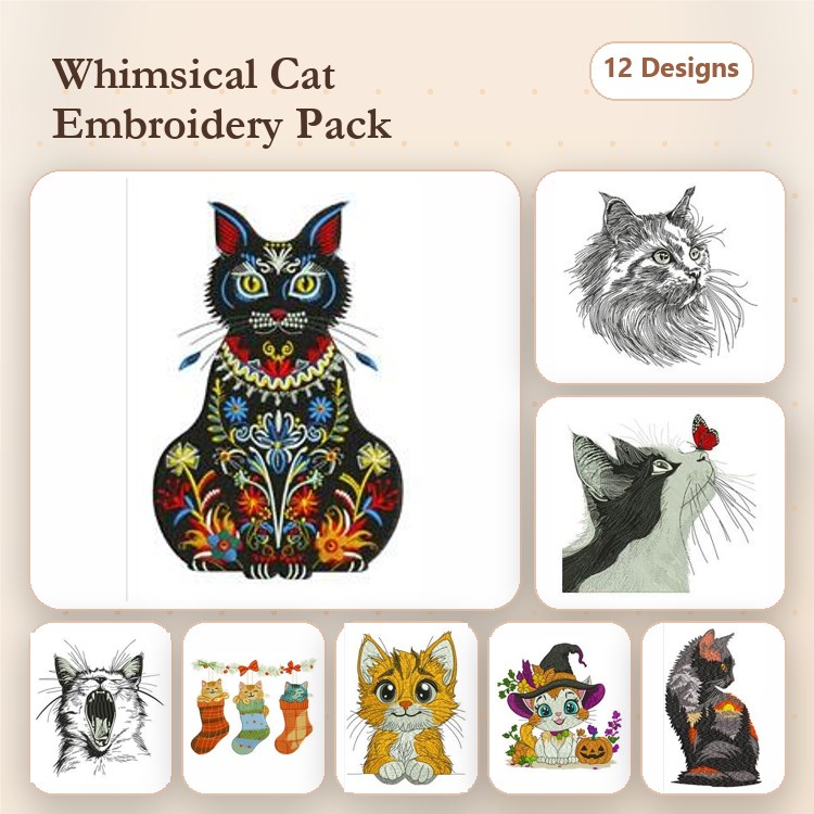 Cats Embroidery Designs Bundle – Colorful Cat, Fluffy Cat Head, Cat with Bird & More (12 Designs)