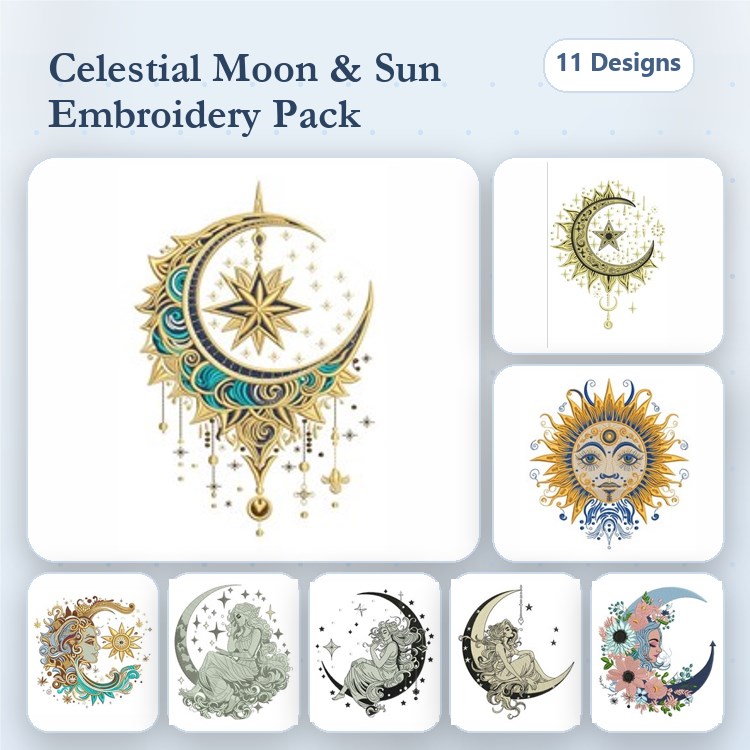 Celestial Moon & Sun Embroidery Designs Bundle – Crescent Moon, Sun with Face, Starry Moon & More (11 Designs)
