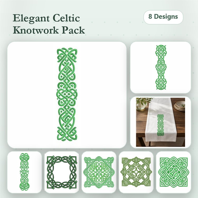 Celtic Knotwork Embroidery Designs Bundle – Knot Border, Circle Knot, Cross Design & More (8 Designs)