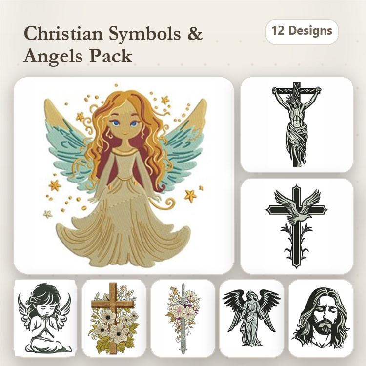 Christian Symbols & Angels Embroidery Designs Bundle – Angel with Wings, Celtic Cross, Crown of Thorns & More (12 Designs)