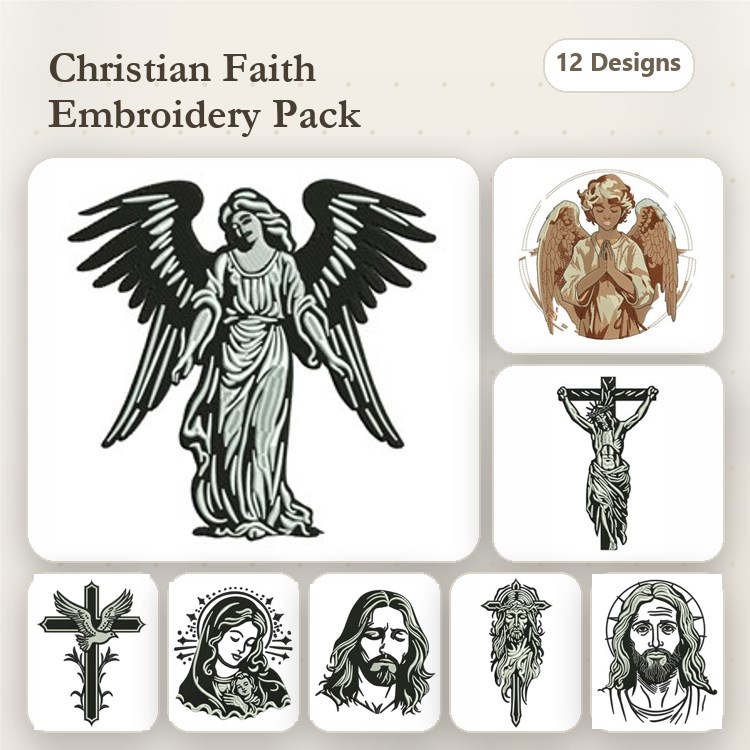 Christian Faith Embroidery Designs Bundle – Angel with Wings, Crucifixion, Floral Cross & More (12 Designs)