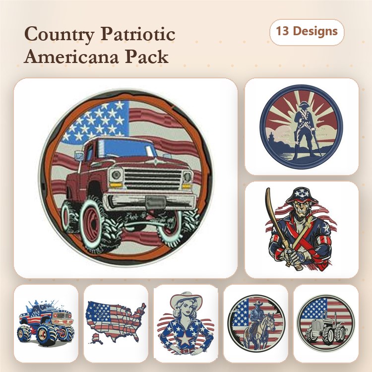 Country Patriotic Americana Embroidery Designs Bundle – Pickup Truck with American Flag, Eagle with American Flag, Patriotic Bear & More (13 Designs)