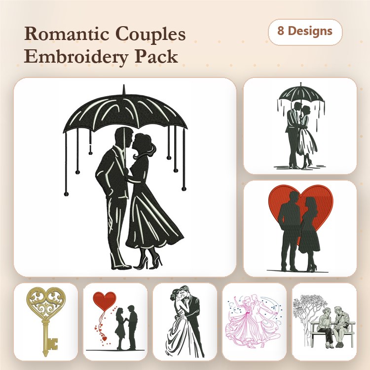 Romantic Couples Embroidery Designs Bundle – Couple Under Umbrella, Dancing Couple, Heart & More (8 Designs)