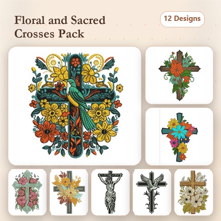 Floral and Sacred Crosses Embroidery Designs Bundle – Floral Cross with Flowers, Sacred Cross with Birds, & More (12 Designs)