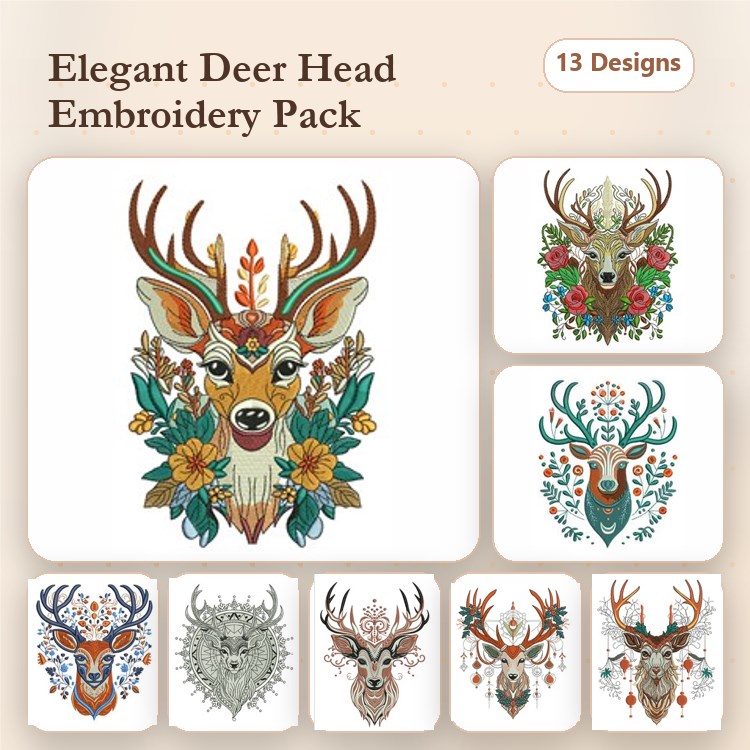 Deer Head Embroidery Bundle – Elegant Deer with Flowers, Stylized Deer Head & More (13 Designs)