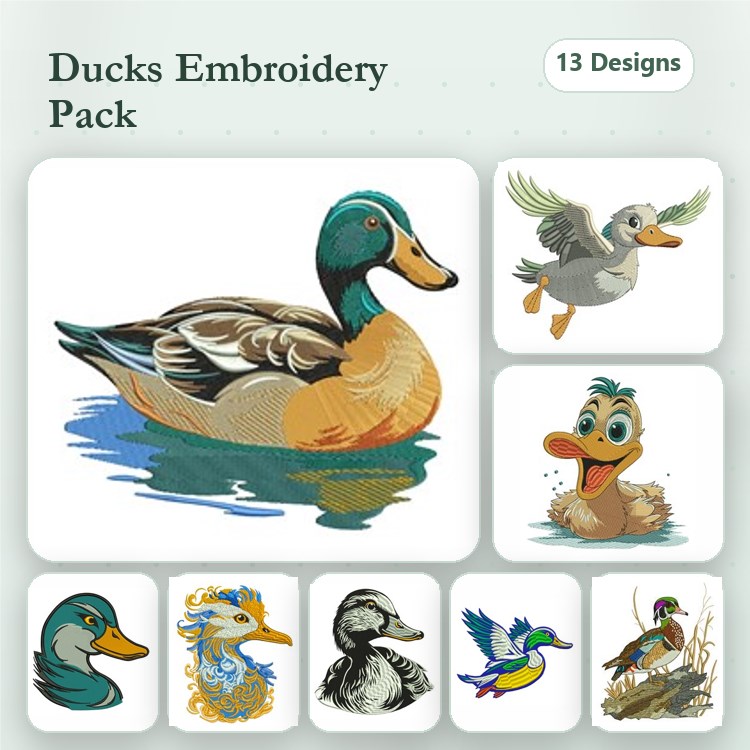 Ducks Embroidery Bundle – Mallard Duck, Duckling, Flying Duck & More (13 Designs)