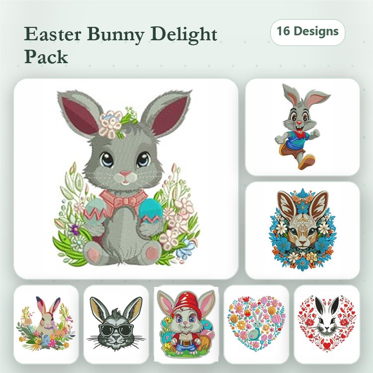 Easter Bunny Embroidery Bundle – Bunny with Egg, Floral Bunny Wreath, Happy Easter Bunny & More (16 Designs)
