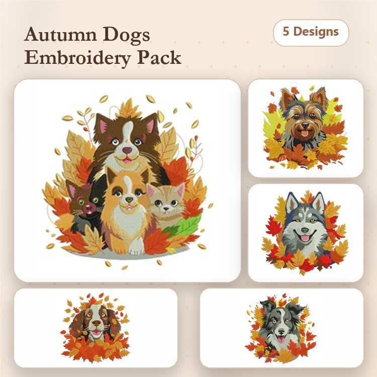 Dog Breeds Embroidery Bundle – Fall Themed Designs (5 Designs)