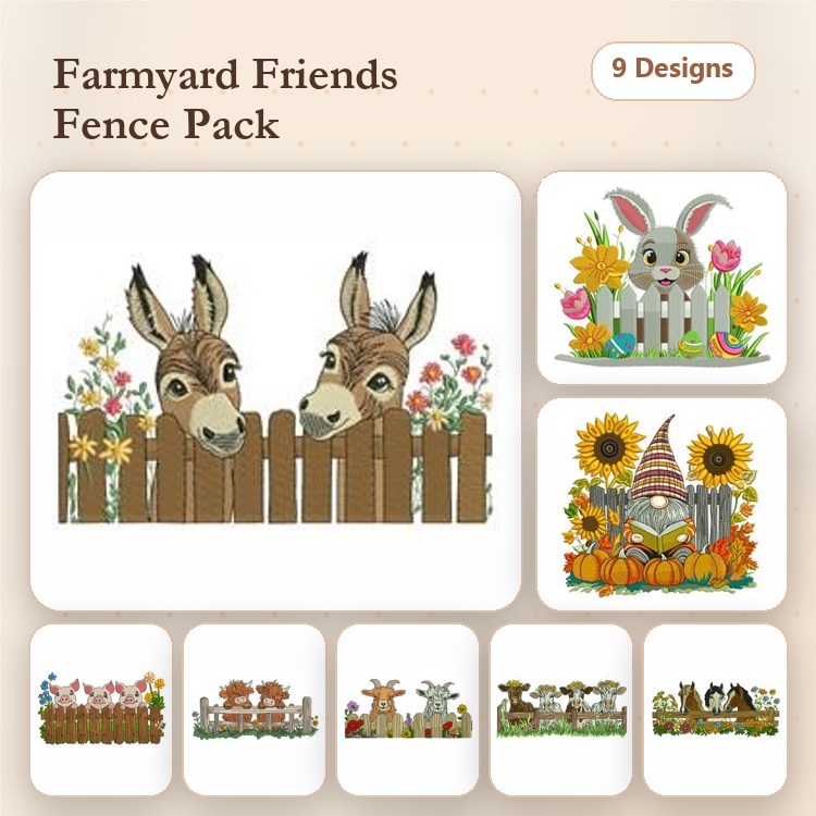Farm Animal Embroidery Designs Bundle – Donkey with Flowers, Bunny Behind Fence, Sunflower Gnome & More (9 Designs)