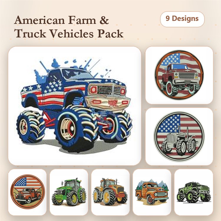 Farm Vehicle Embroidery Designs Bundle – Monster Truck with American Flag, Pickup Truck, Tractor & More (9 Designs)