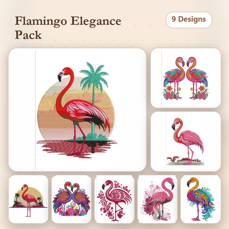 Flamingo Embroidery Designs Bundle – Standing Pink Flamingo, Pair of Flamingos, Flamingo with Palm Tree & More (9 Designs)