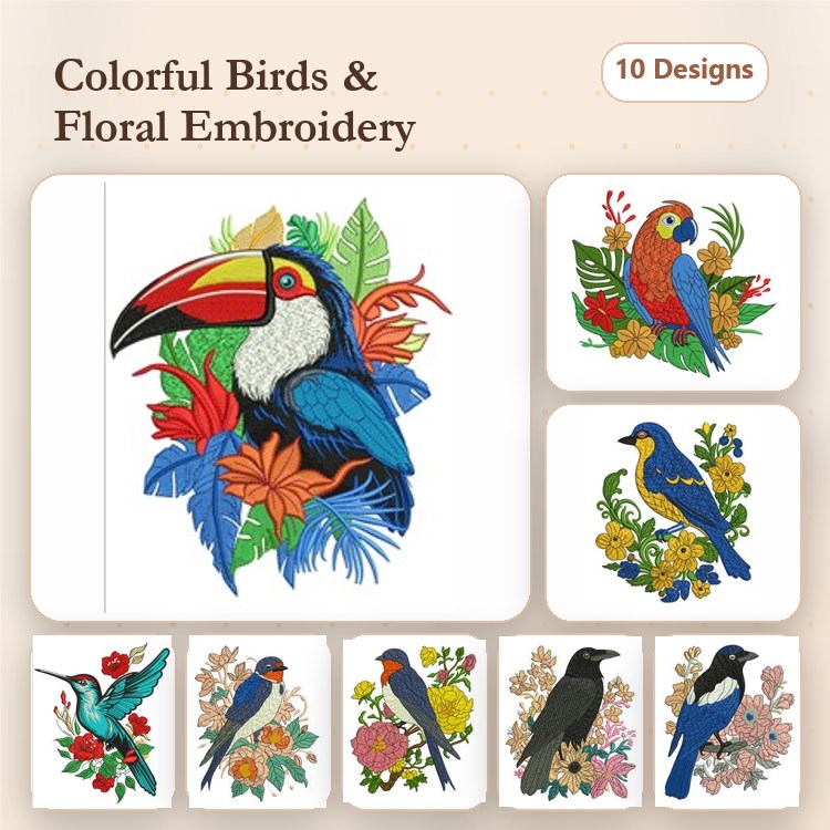 Colorful Birds and Floral Embroidery Designs Bundle – Toucan with Flowers, Parrot with Flowers, Hummingbird with Flowers & More (10 Designs)
