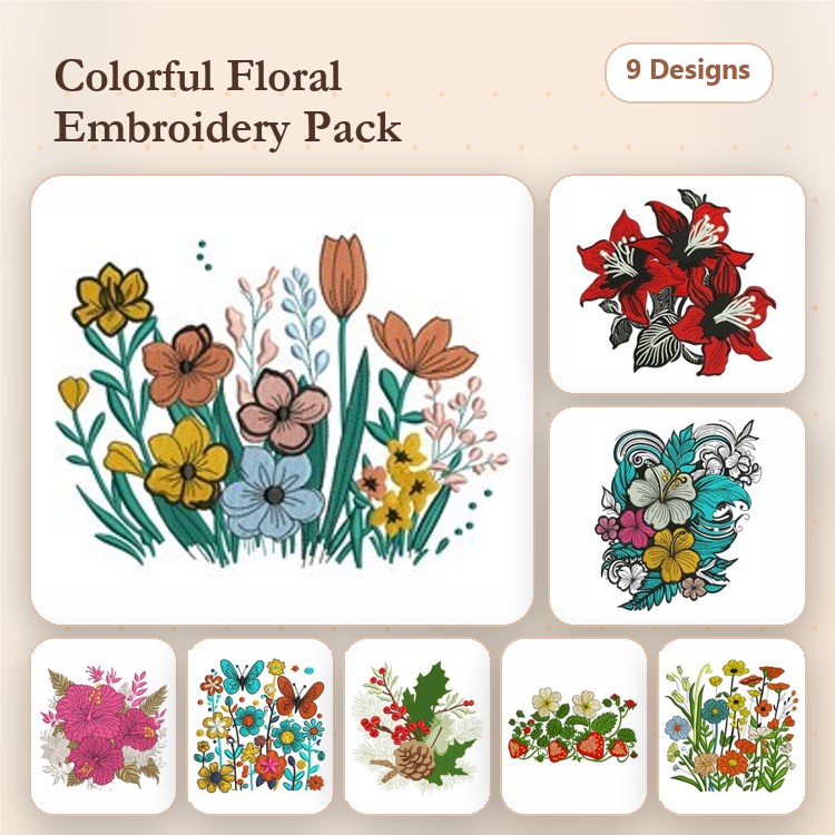 Colorful Floral Embroidery Designs Bundle – Bouquet of Flowers, Red Floral Arrangement, Blue Floral Cluster & More (9 Designs)