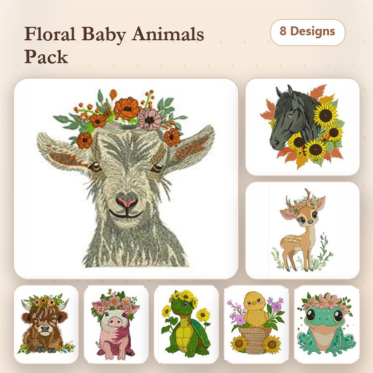 Floral Baby Animals Embroidery Bundle – Goat, Horse, Deer, Calf & More (8 Designs)