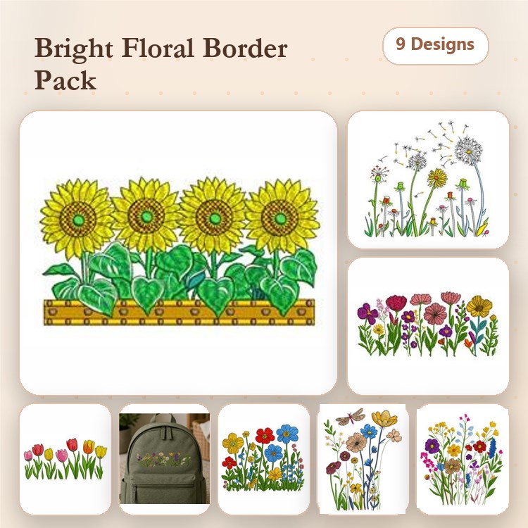 Floral Border Embroidery Designs Bundle – Sunflower, Pansy, Tulip, Daisy & More (9 Designs)