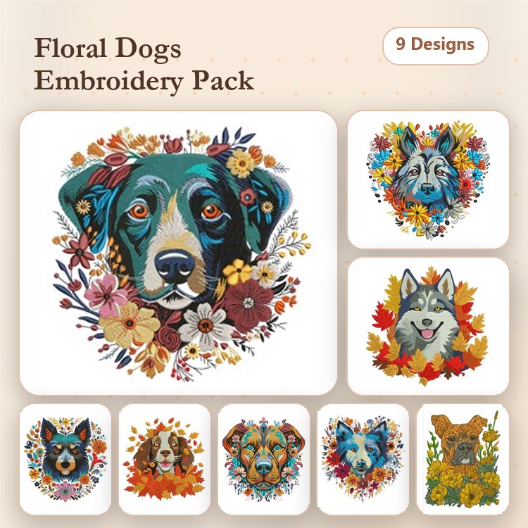 Dog Embroidery Bundle – Floral Designs (6 Designs)