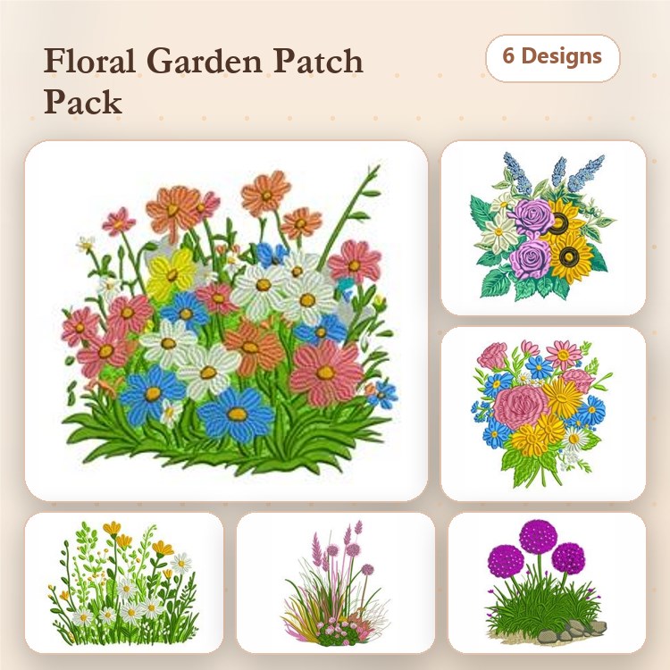 Floral Garden Embroidery Designs Bundle – Wildflower Bouquet, Daisy Patch, Sunflower Bouquet & More (6 Designs)