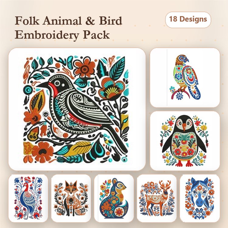 Folk-style Animal & Bird Embroidery Bundle – Folk Bird with Flowers, Folk Penguin, Folk Peafowl & More (18 Designs)
