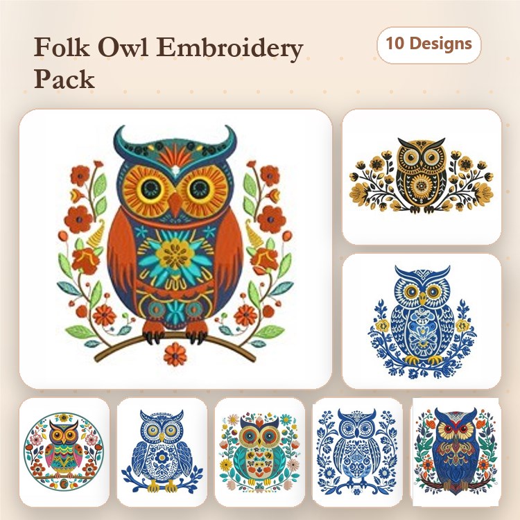 Folk Owl Embroidery Designs Bundle – Colorful Folk Owl, Floral Owl Design, Owl with Flowers & More (10 Designs)