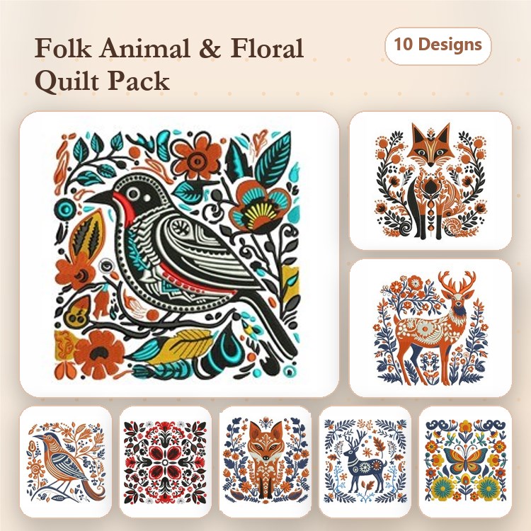 Folk Animal and Floral Embroidery Designs Bundle – Folk Bird, Folk Fox, Folk Deer & More (10 Designs)
