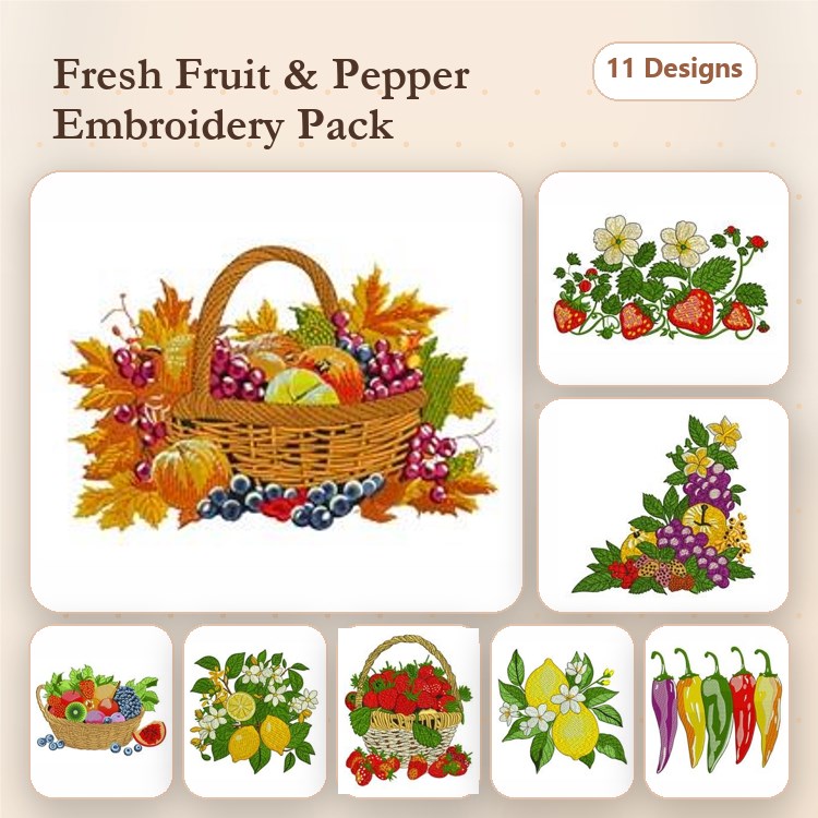 Fresh Fruits & Peppers Embroidery Designs Bundle – Fruit Basket, Strawberry Cluster, Cherry Blossom & More (11 Designs)
