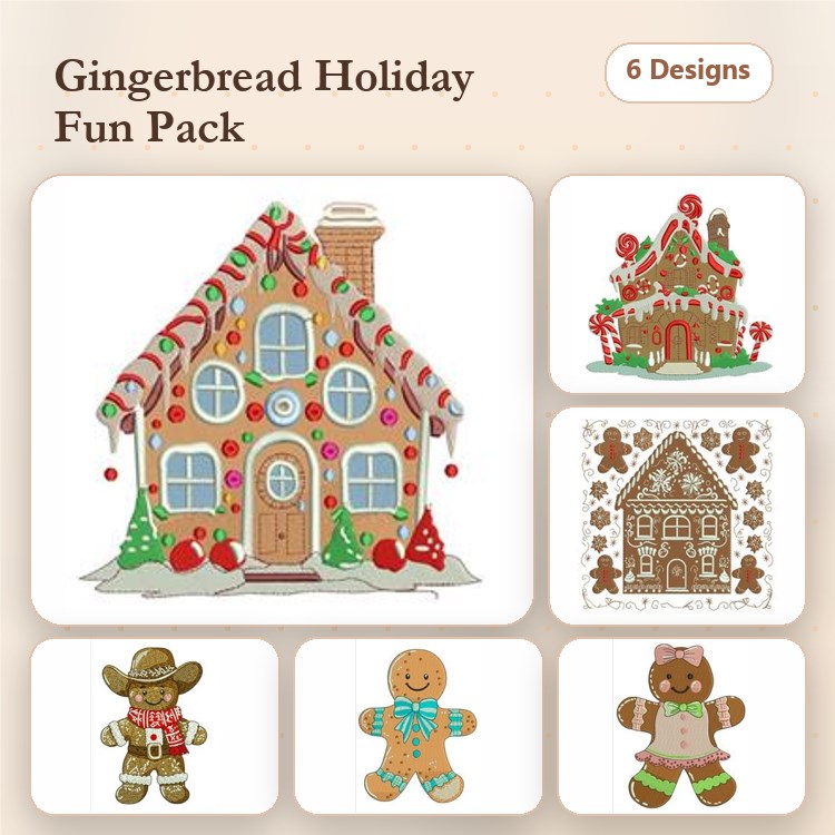 Gingerbread Holiday Embroidery Designs Bundle – Gingerbread House, Boy, Girl & More (6 Designs)