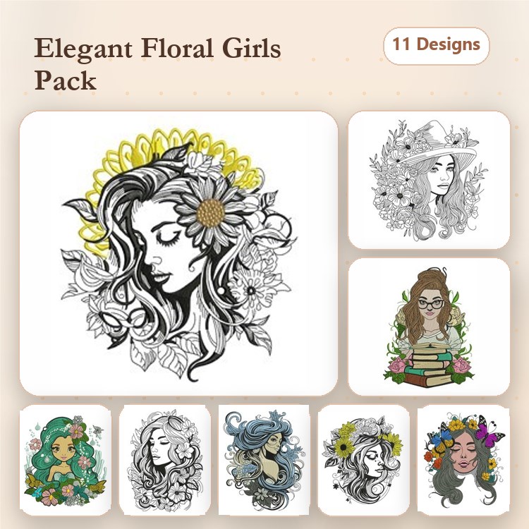 Floral-Themed Portraits Embroidery Designs Bundle – Girl with Sunflowers, Girl with Flowers and Book, & More (11 Designs)