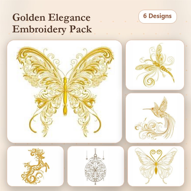 Elegant Golden Embroidery Designs Bundle – Golden Butterfly, Dragonfly, Hummingbird & More (6 Designs)