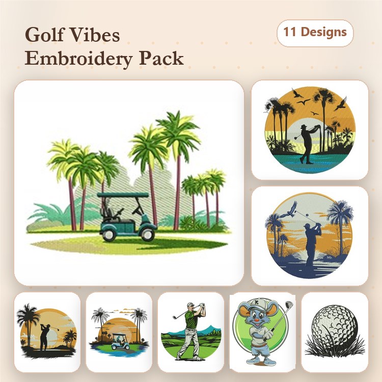 Golf Themed Embroidery Designs Bundle – Golf Cart, Golfer Swinging, Sunset Golf Scene & More (11 Designs)