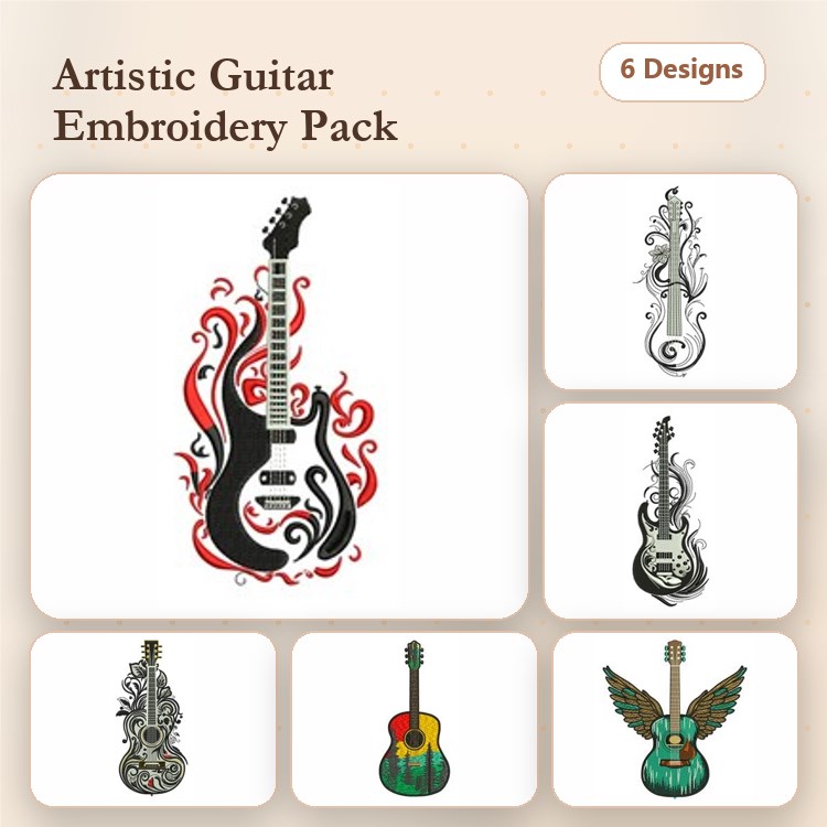 Artistic Guitar Embroidery Designs Bundle – Guitar with Flames, Ornate Guitar, Classic Guitar & More (6 Designs)