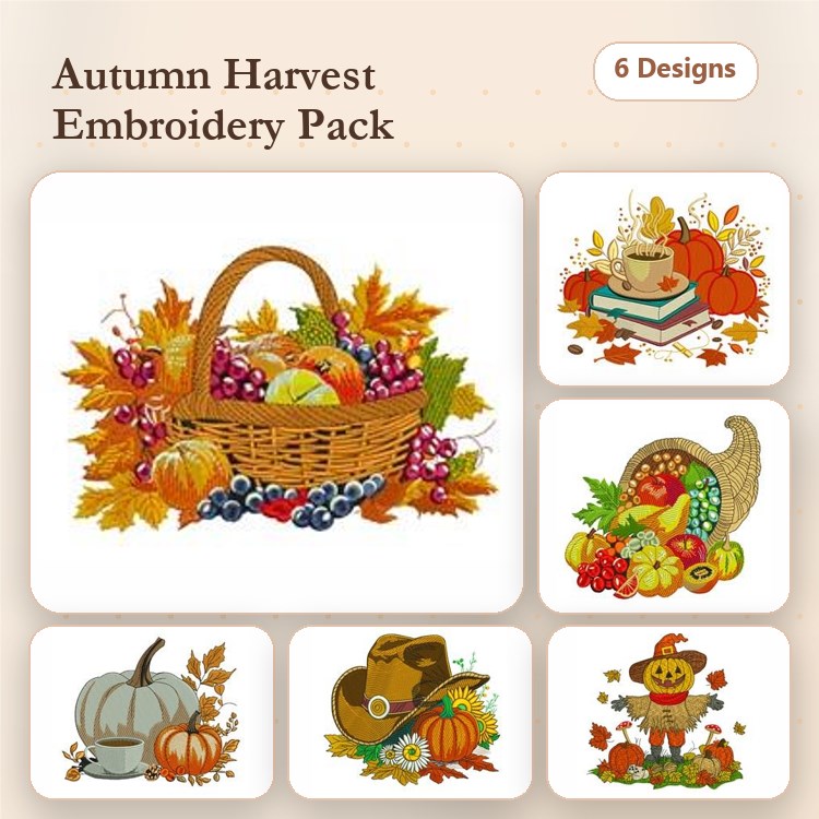 Autumn Harvest Embroidery Designs Bundle – Harvest Basket, Thanksgiving Cup, Cornucopia & More (6 Designs)