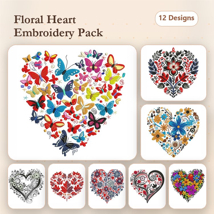 Floral Hearts with Butterflies Embroidery Designs Bundle – Colorful Butterfly Heart, Floral Heart with Vines, Red Floral Heart & More (12 Designs)