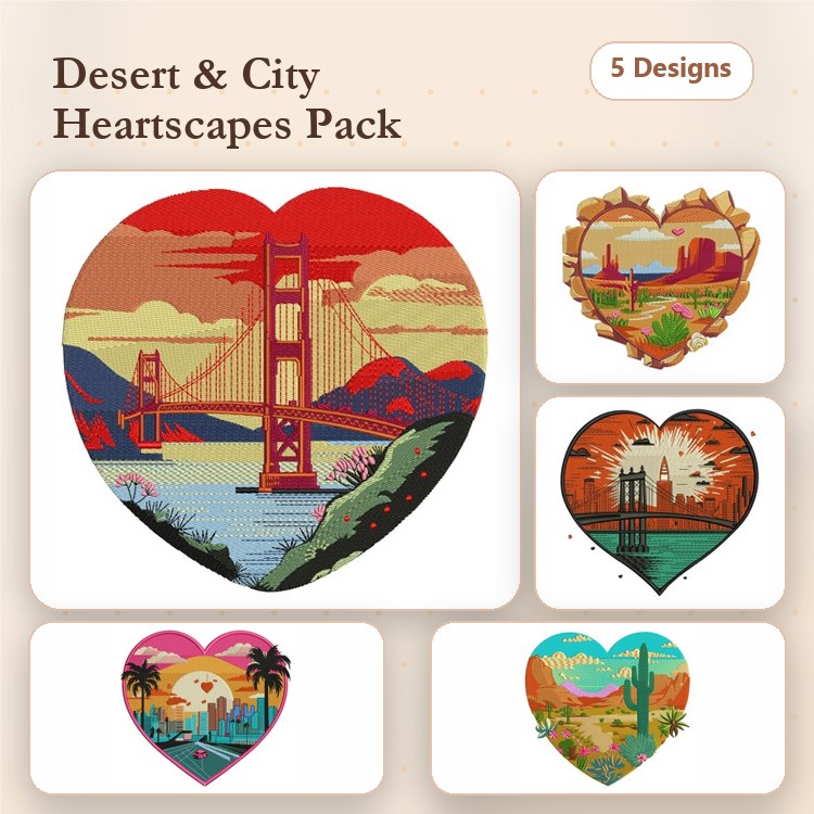 Heart-Shaped Landscape Embroidery Designs Bundle – Golden Gate Bridge Heart, Desert Heart Landscape, & More (5 Designs)